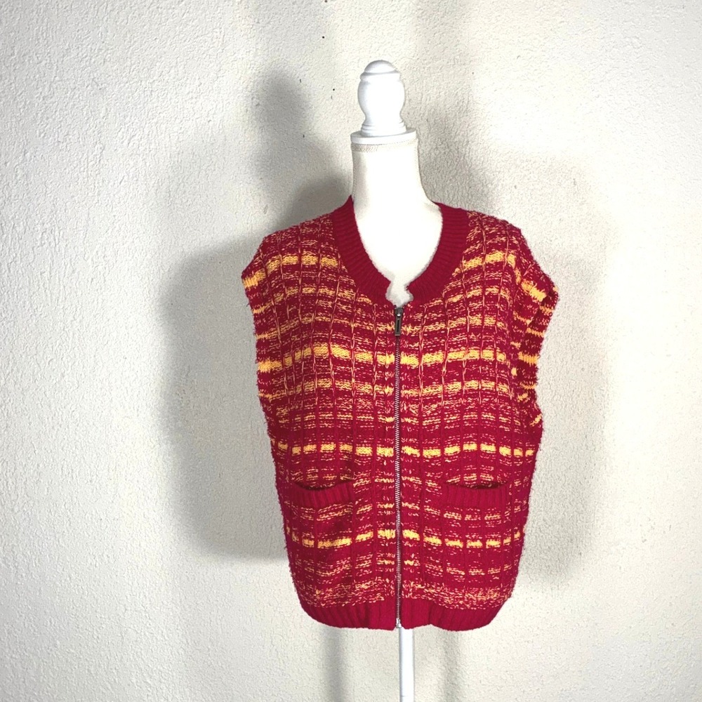Maeve by Anthropologie Red Yellow Textured Zip Up Sweater Vest Small